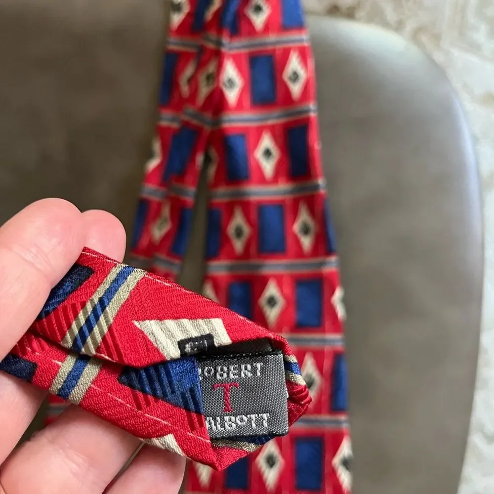 Vintage Robert Talbott Silk Tie Red Blue Geometric Diamond Print 90s Menswear